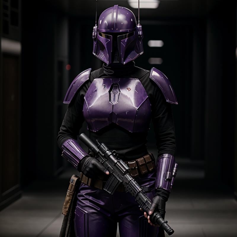 cinematic film still of in star wars universe a woman in a purple outfit holding a gun Mandalorian style,  shallow depth o...