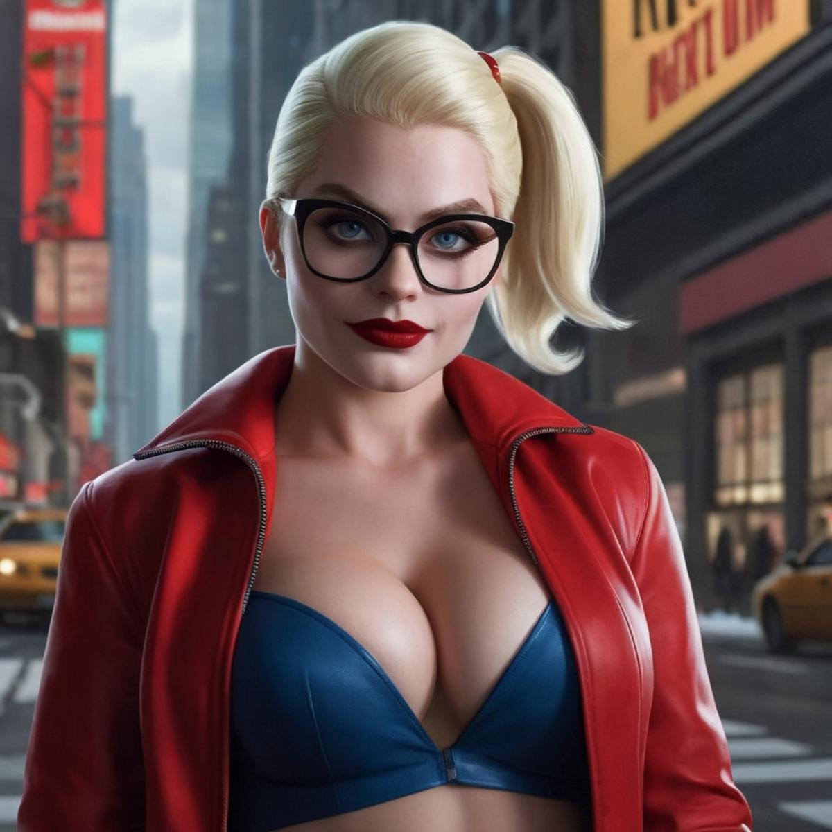 Hyperrealistic art of Harleen Quinzel a naked blonde cartoon woman with glasses and a red jacket In Gotham City Universe,...