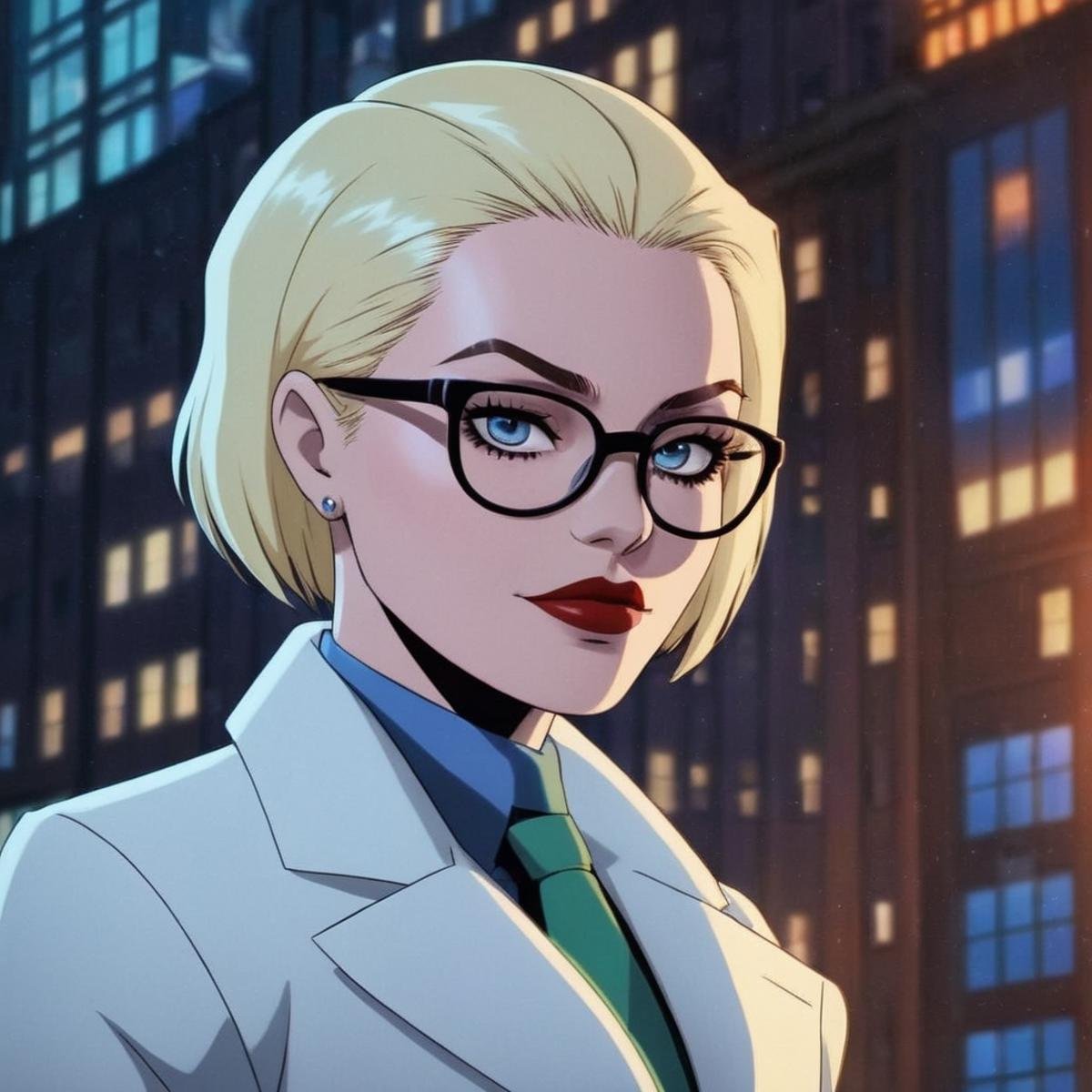 anime artwork of Harleen Quinzel a woman with glasses and a white coat In Gotham City Universe,  anime style,  key visual...