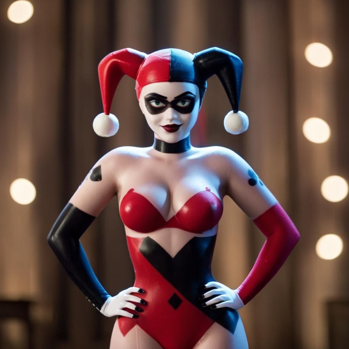 cinematic film still of Harley Quinn a naked cartoon character with a big breast and a sexy body ,  shallow depth of field...