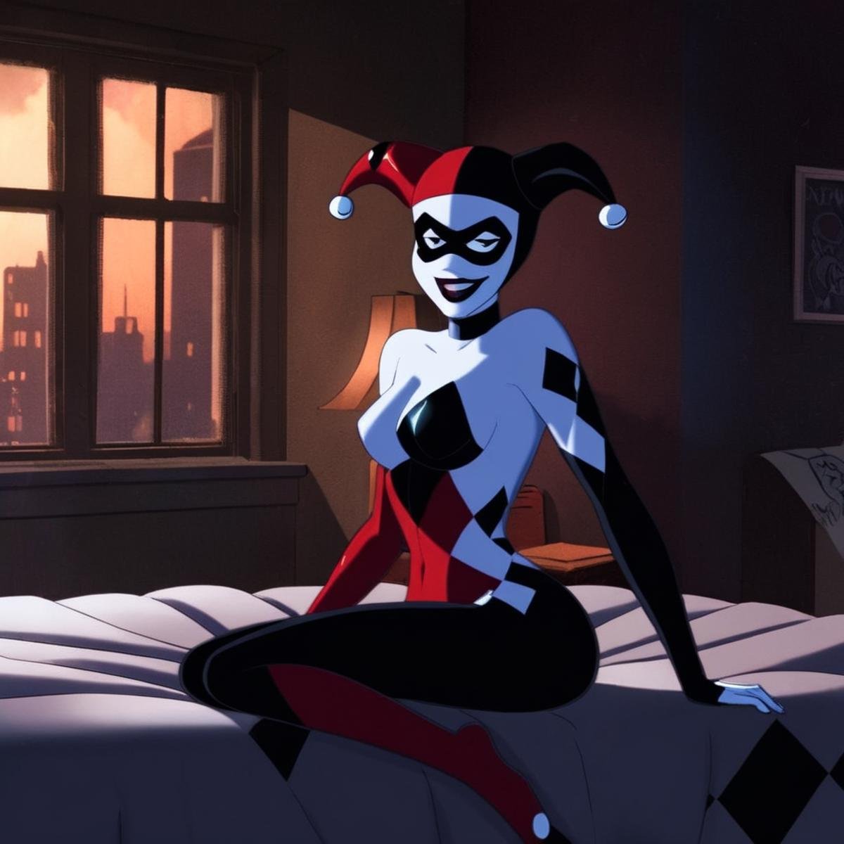 Dark Fantasy Art of Harley Quinn a naked breasts cartoon woman is sitting on a bed In Gotham City Universe,  dark,  moody...