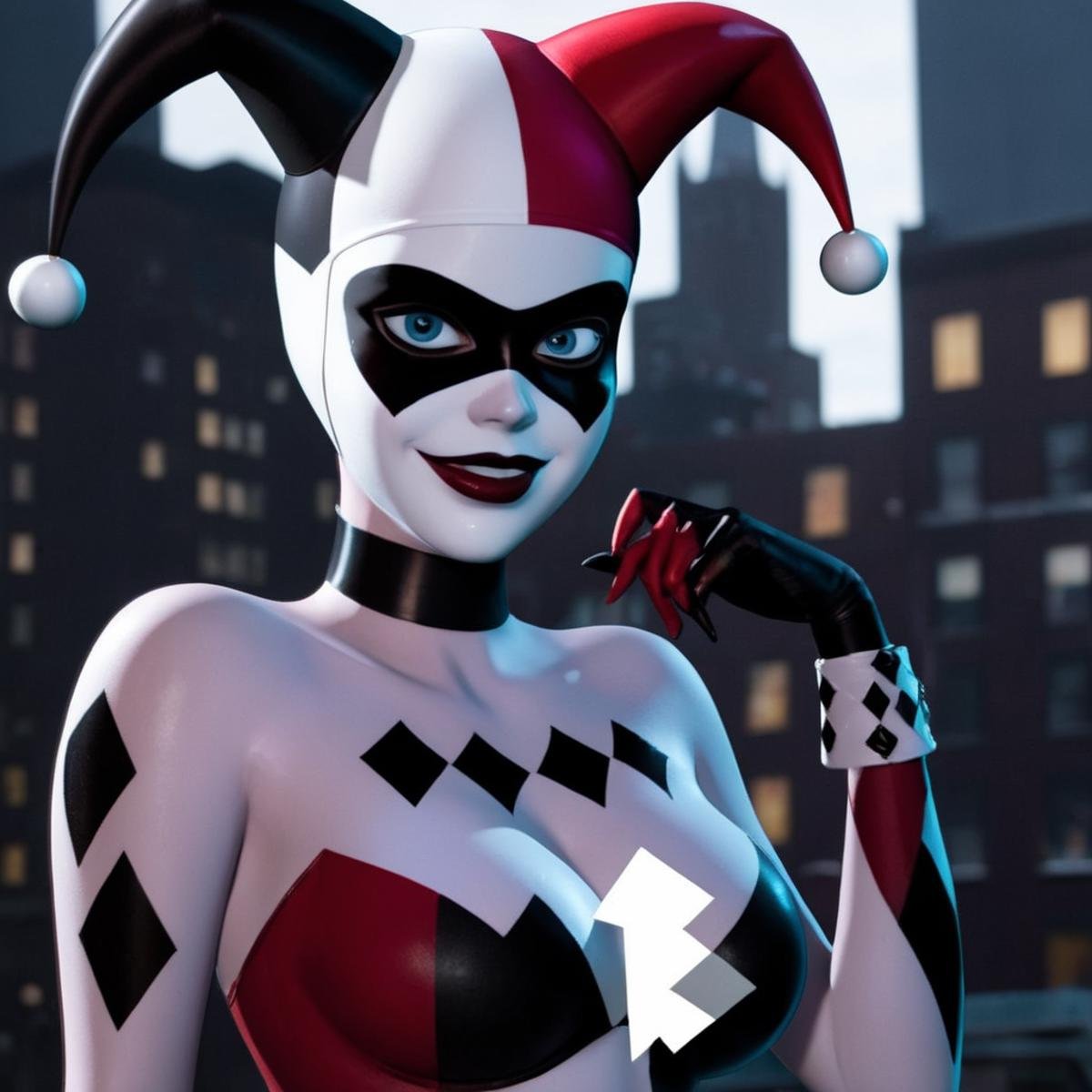 Hyperrealistic art of Harley Quinn a woman with a naked breast nipple In Gotham City Universe,  Extremely high-resolution...