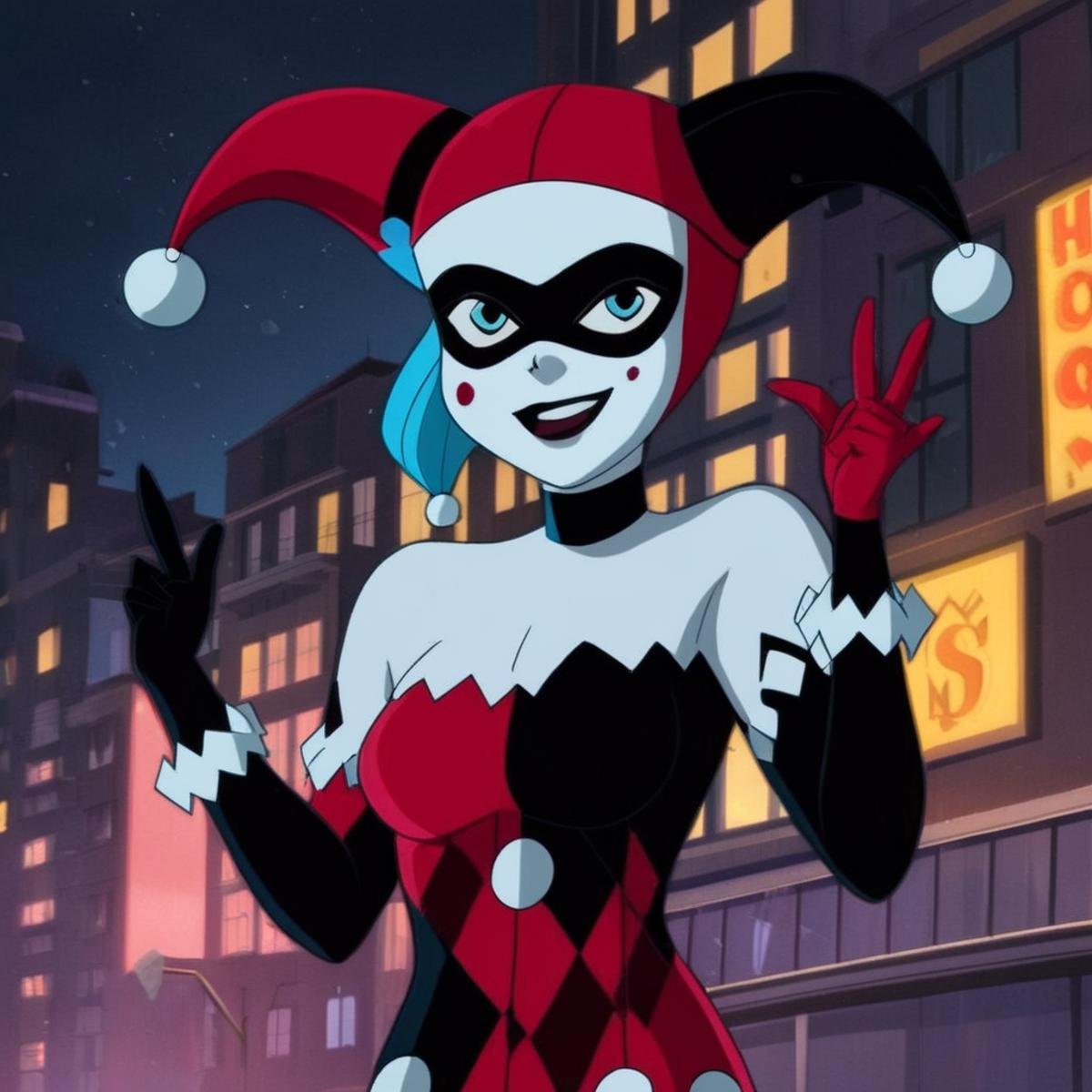 anime artwork of Harley Quinn a cartoon character dressed in a red and black outfit In Gotham City Universe,  anime style,...