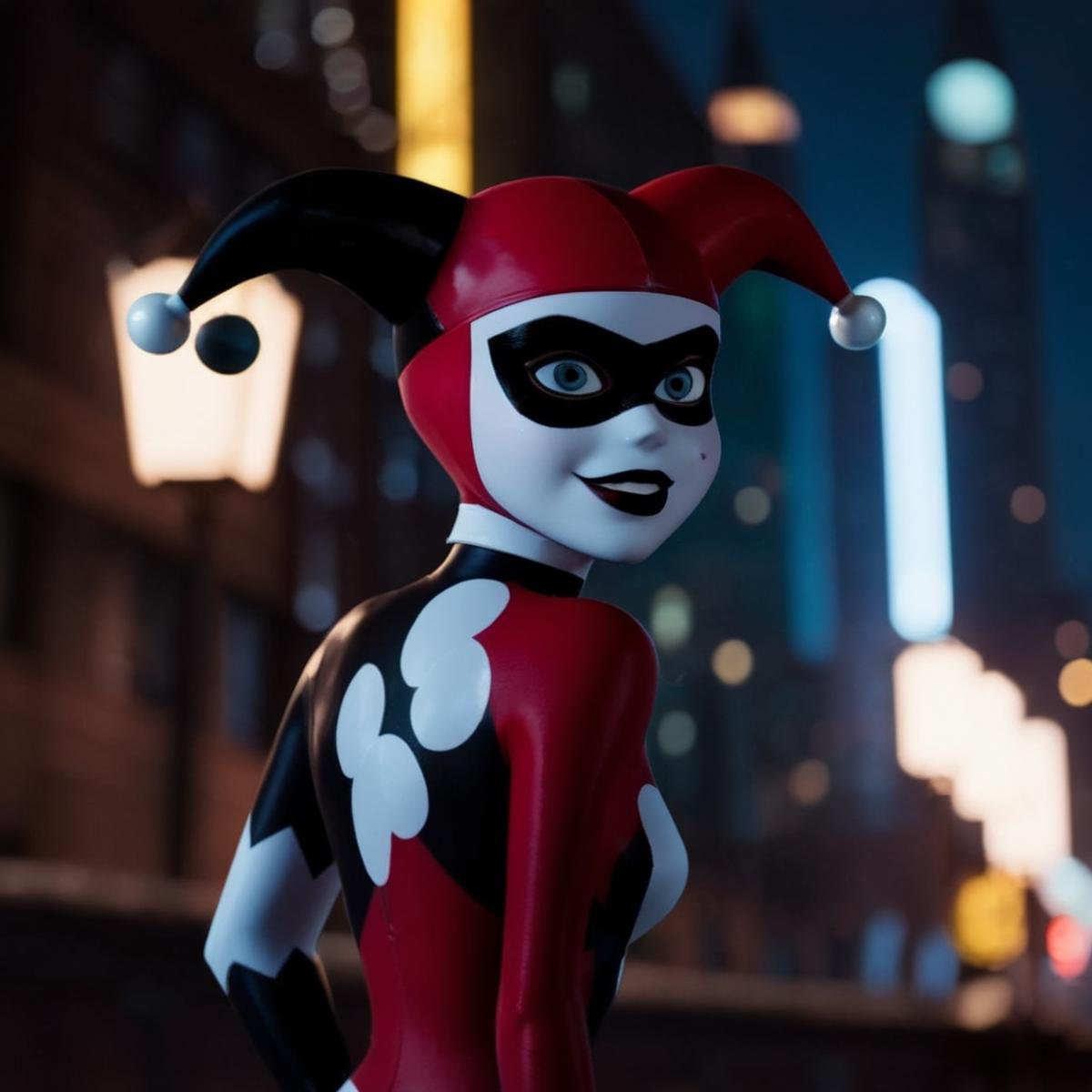 cinematic film still of Harley Quinn a cartoon of a naked breasts woman in a Harley Quinn costume In Gotham City Universe,...