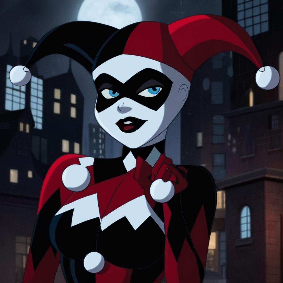 Dark Fantasy Art of Harley Quinn a cartoon character dressed in a red and black outfit In Gotham City Universe,  dark,  mo...