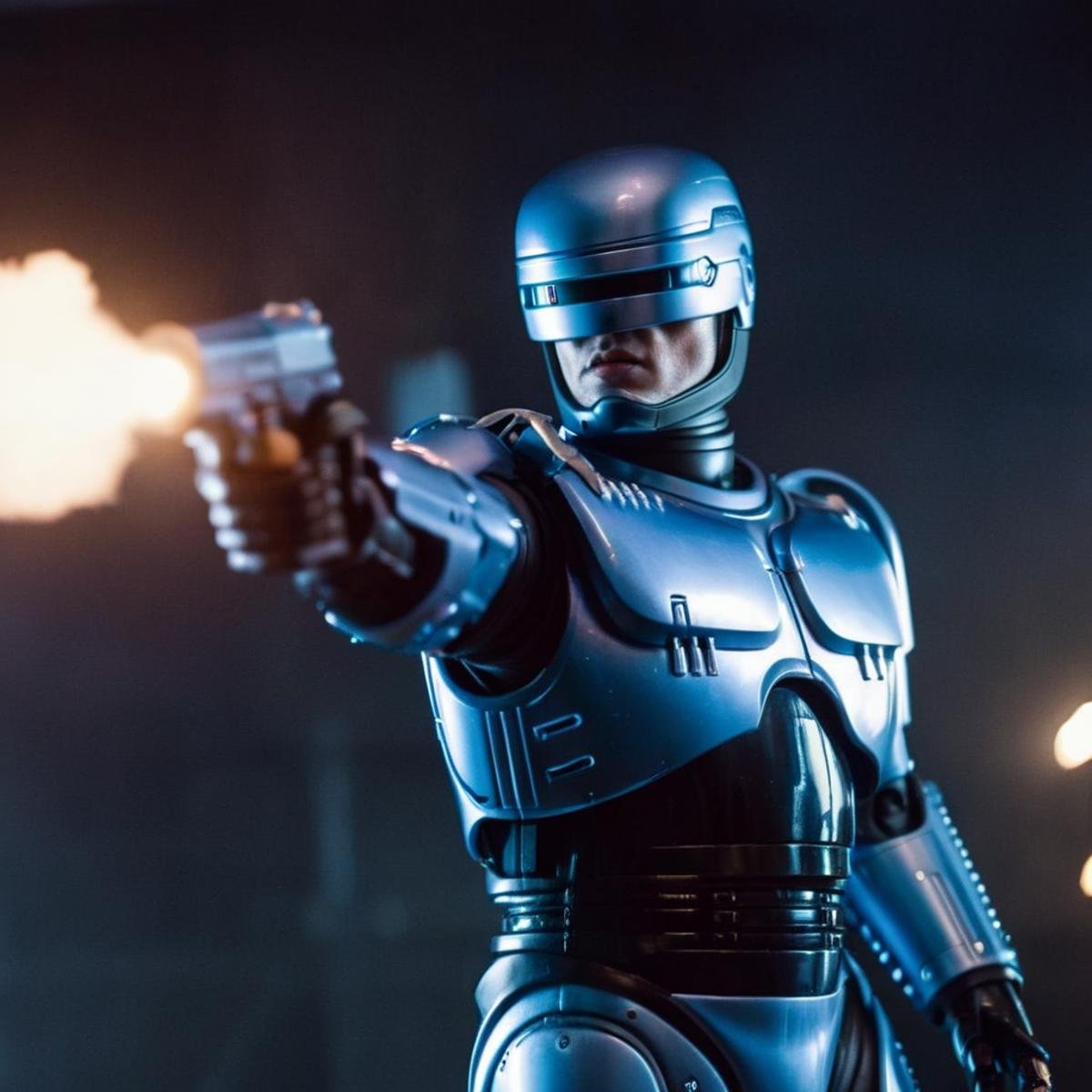 cinematic film still of RoboCop 1987 a man in a blue metallic suit firing a gun with big muzzle flash,  shallow depth of f...