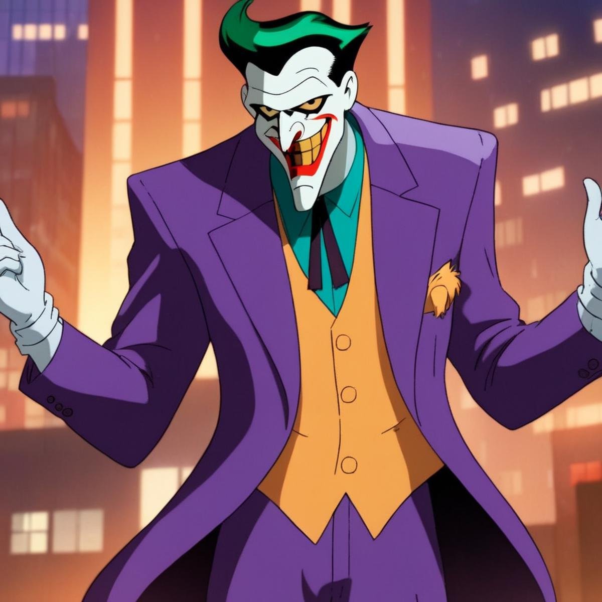 anime artwork of The Joker with a purple suit and tie in Gotham city universe,  anime style,  key visual by EauDeNoire on...