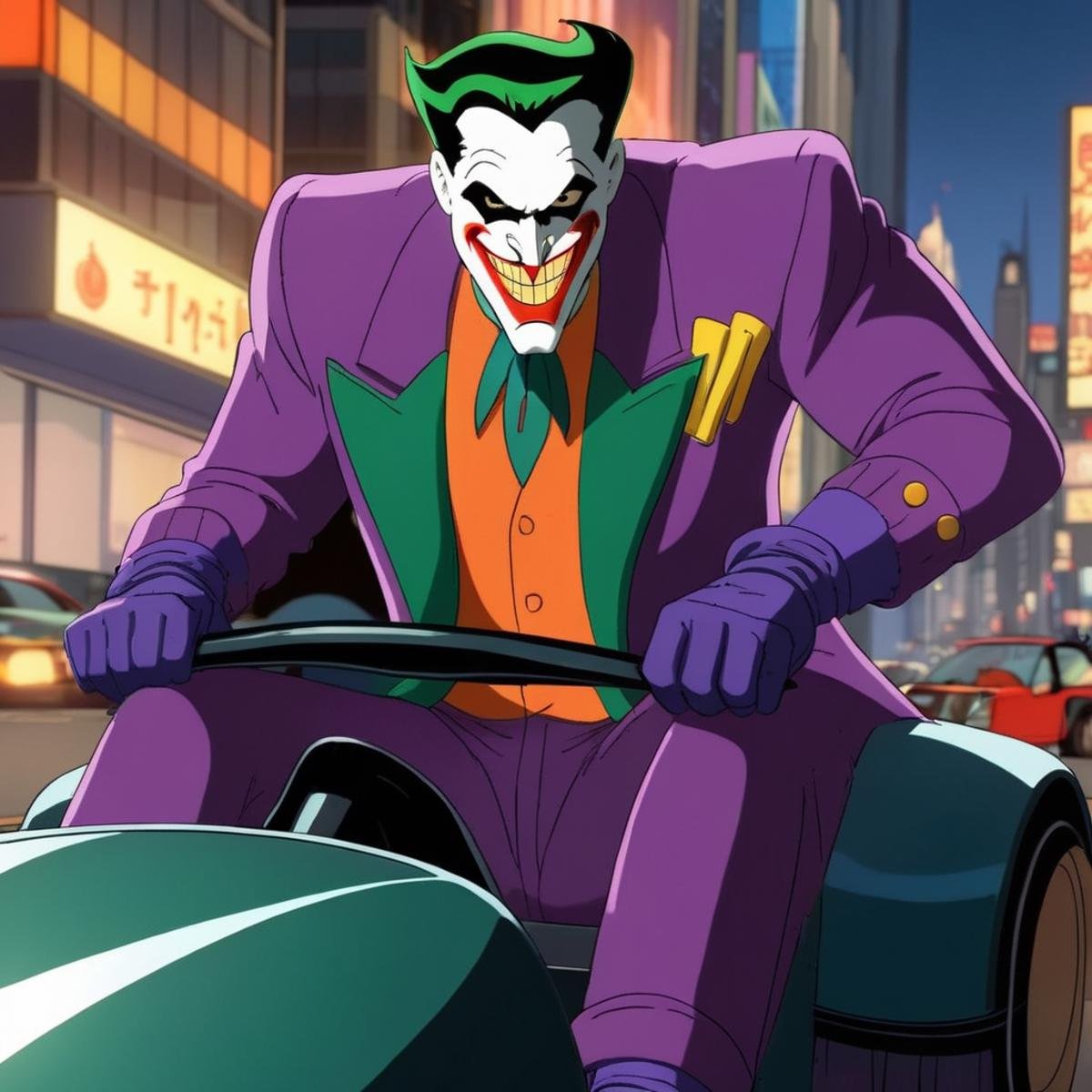 anime artwork of Joker a cartoon character riding a bumper car in a city in Gotham city universe,  anime style,  key visua...