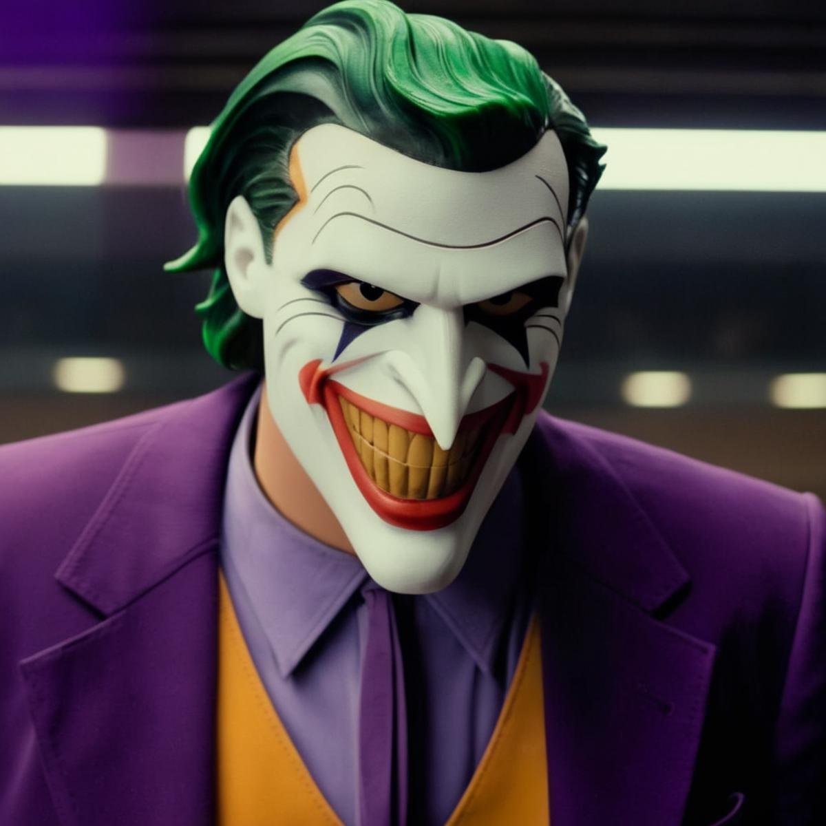 cinematic film still of The Joker in manga style with a purple suit and tie in Gotham city universe,  shallow depth of fie...