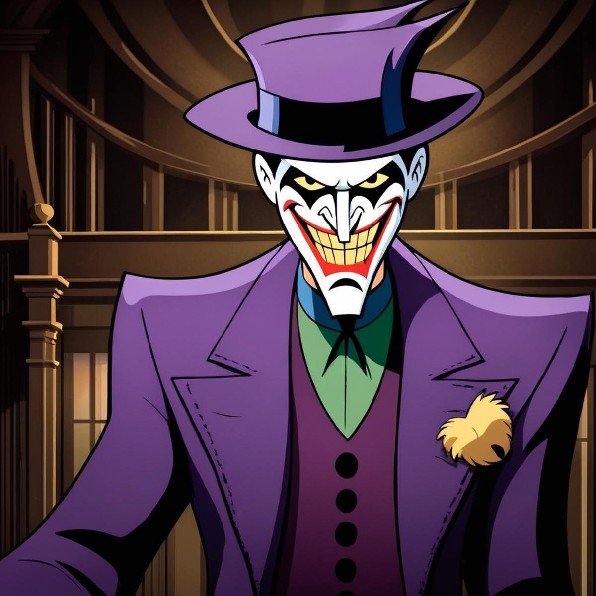 Gothic style,  Joker a cartoon of a joker with a hat and a suit in Gotham city universe,  Dark by EauDeNoire on Tensor.Art