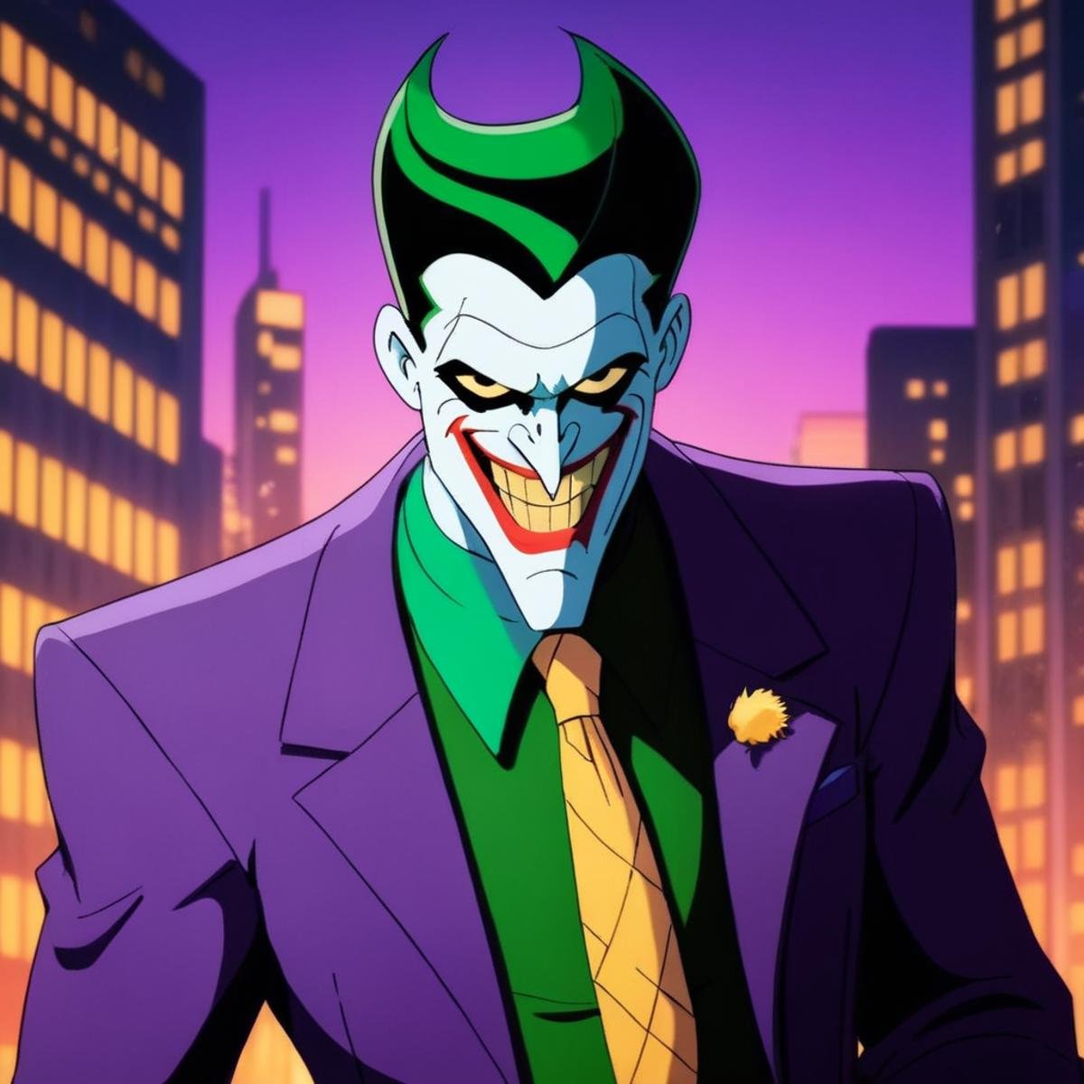 anime artwork of Joker a cartoon joker with a green tie and a purple suit in Gotham city universe,  anime style,  key visu...