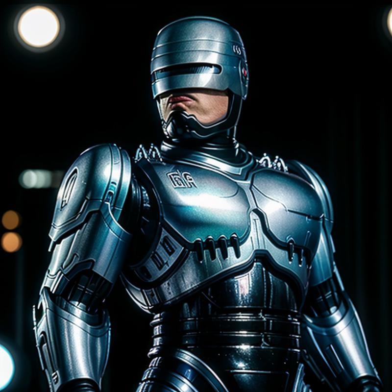 cinematic film still of RoboCop 1987 a bald human in a silver costume looking at somethin,  shallow depth of field,  vigne...