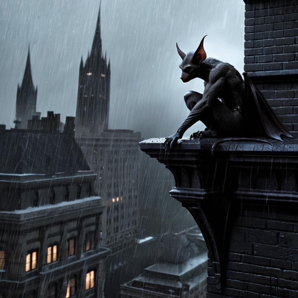 Gothic style,  Man-Bat a bat creature on a ledge in rain in Gotham city universe,  Dark by EauDeNoire on Tensor.Art