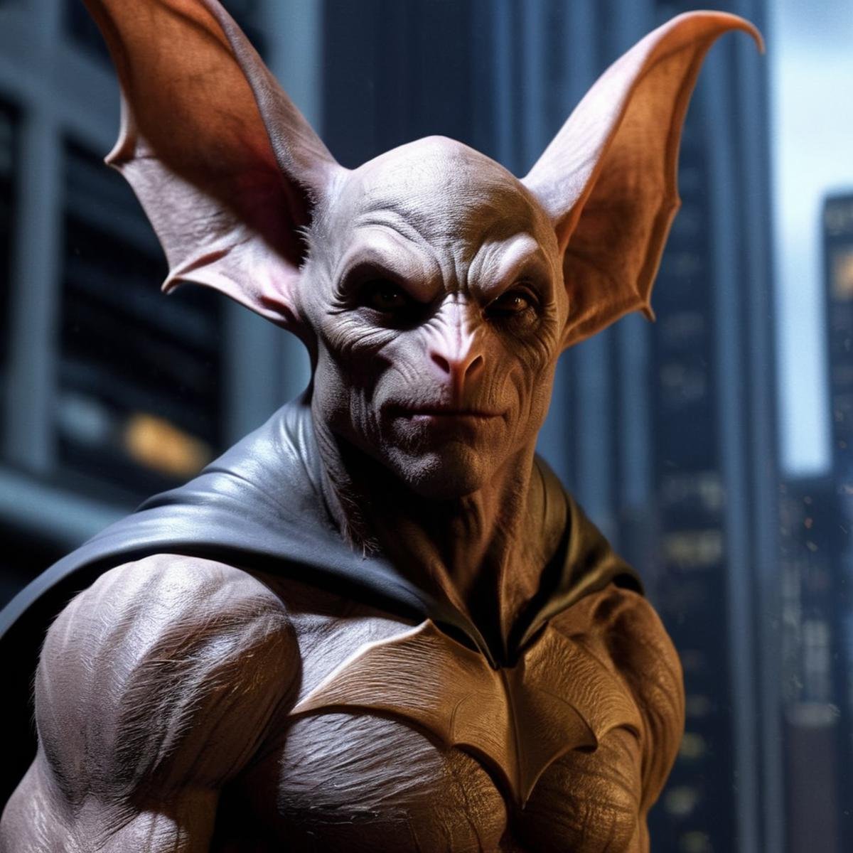 Hyperrealistic art of Man-Bat a female bat creature in Gotham city universe,  Extremely high-resolution details,  photogra...