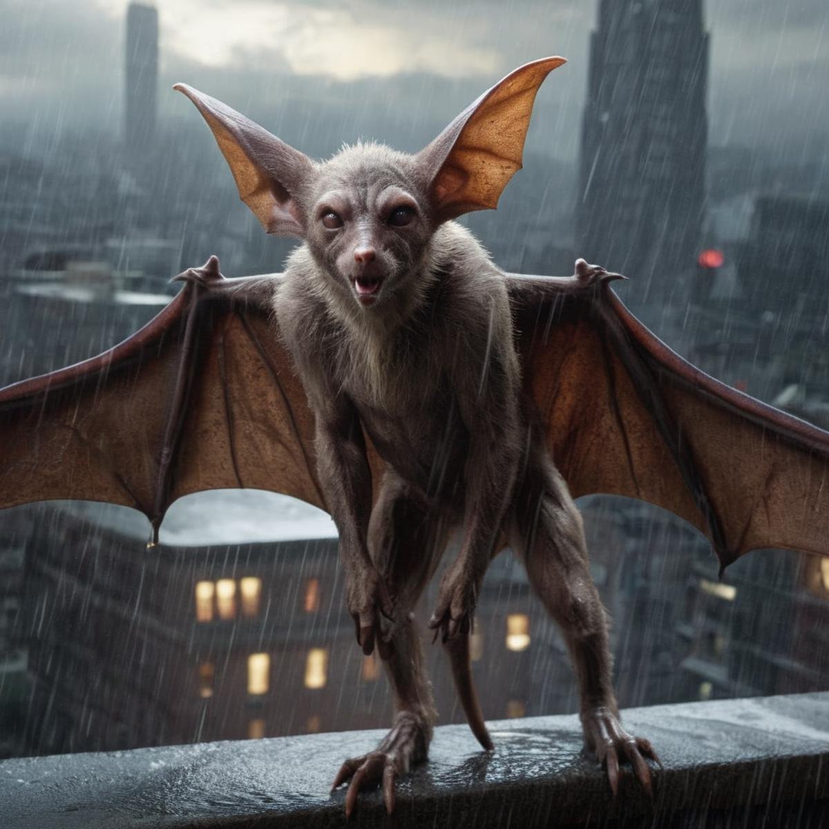 Hyperrealistic art of Man-Bat a naked giant bat creature on a ledge in rain in Gotham city universe,  Extremely high-resol...