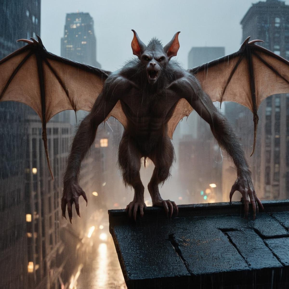 Horror-themed,  Man-Bat a naked giant human creature on a ledge in rain in Gotham city universe,  Eerie by EauDeNoire on T...
