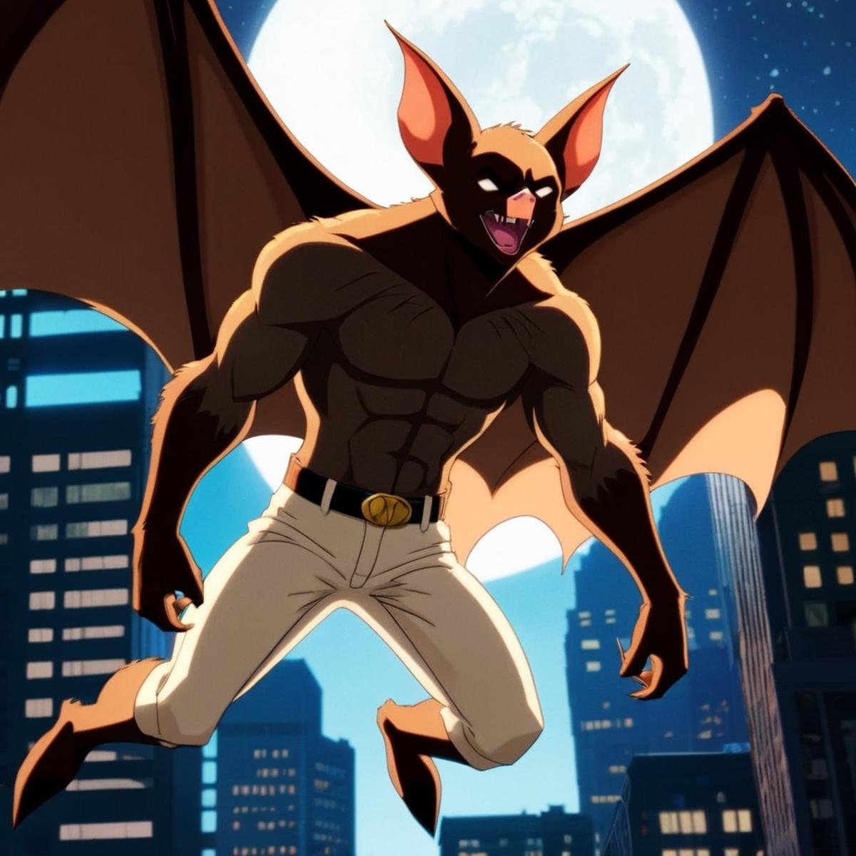 anime artwork of Man-Bat a cartoon character of a brown bat creature with a white pants in Gotham city universe,  anime st...