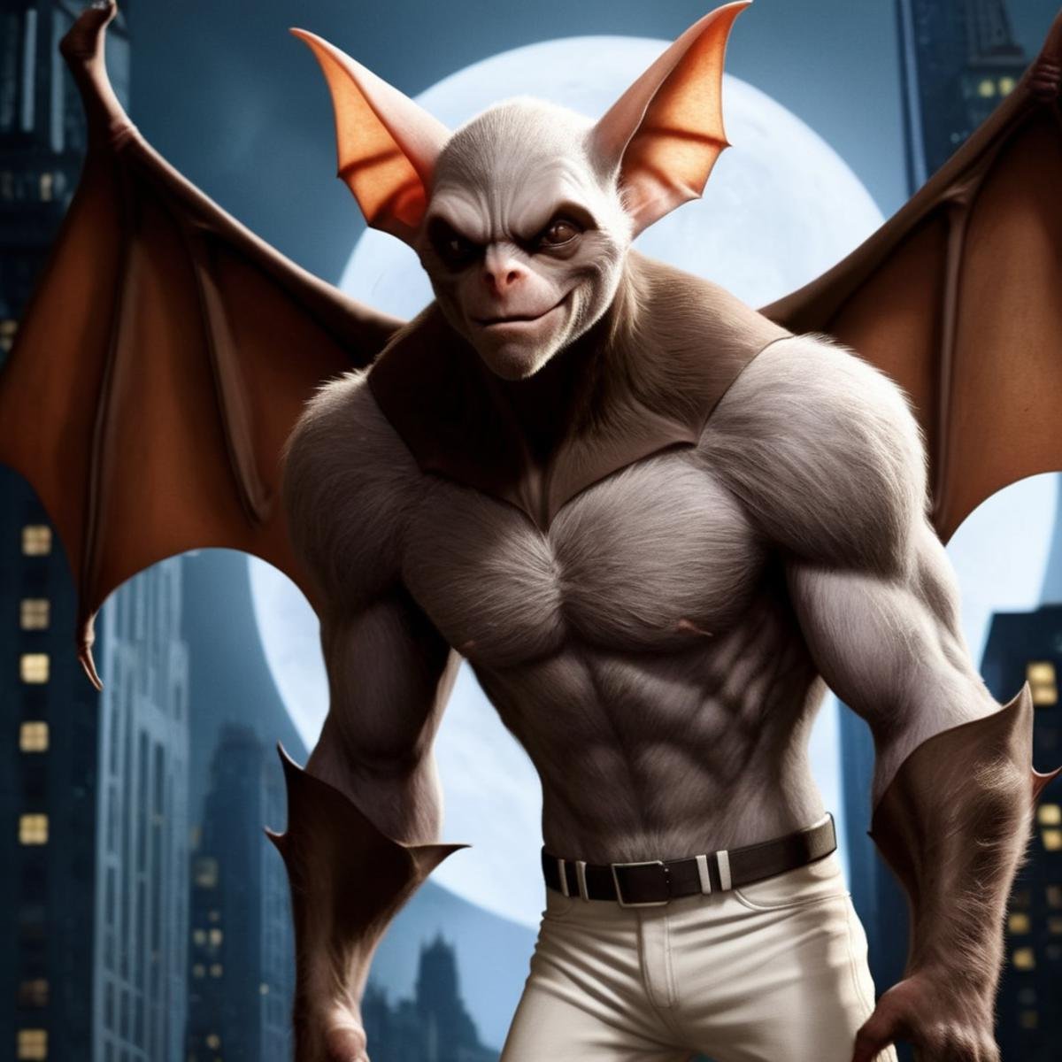 Hyperrealistic art of Man-Bat a cartoon character of a brown bat creature with a white pants in Gotham city universe,  Ext...