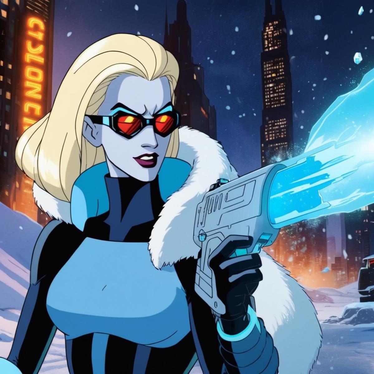 anime artwork of Mr. Freeze a blonde woman holding an ice gun with ice muzzle flash in a snow area In Gotham City,  anime...
