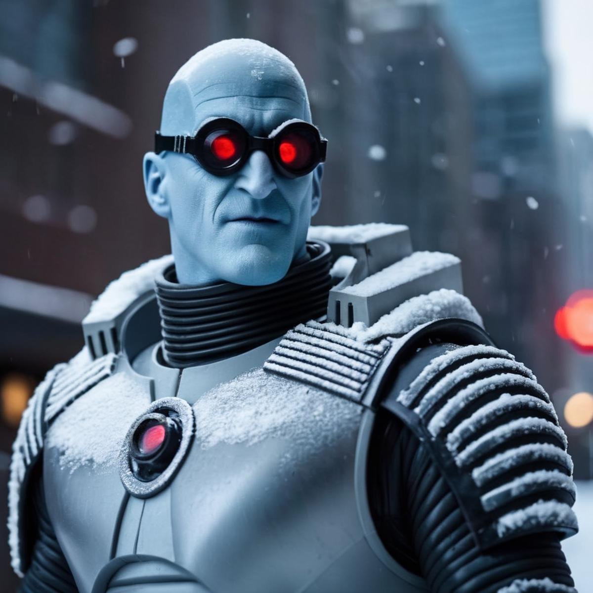 cinematic film still of Mr. Freeze a man in snow In Gotham City,  shallow depth of field,  vignette by EauDeNoire on Tenso...
