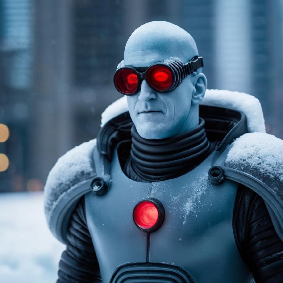 cinematic film still of Mr. Freeze a frozen man with a red goggles and a cold suit In Gotham City,  shallow depth of field...
