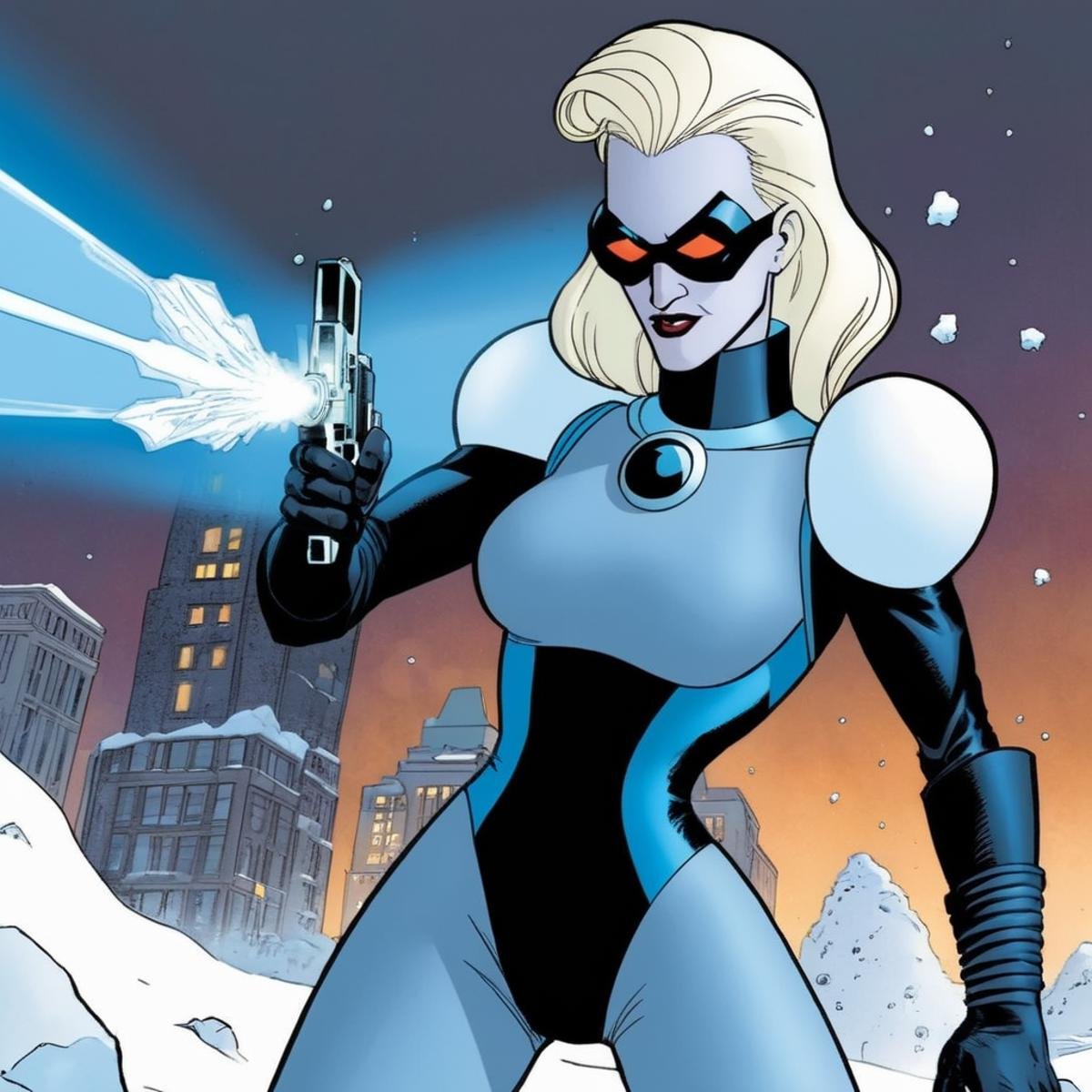 comic book art of Mr. Freeze a blonde woman holding an ice gun with ice muzzle flash in a snow area In Gotham City,  comic...