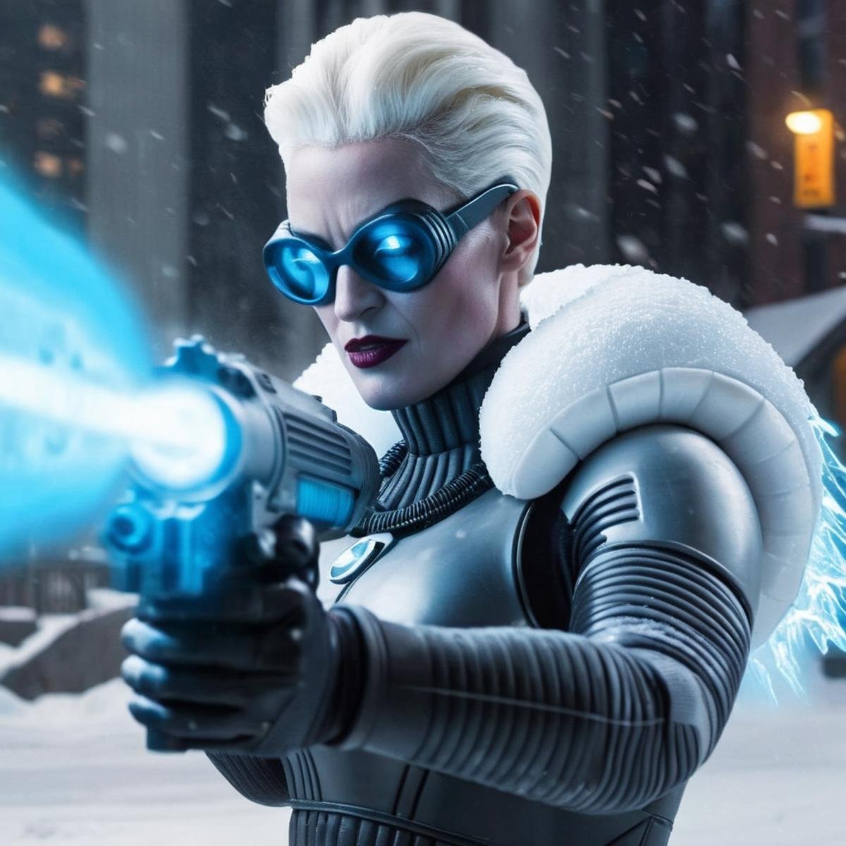 Hyperrealistic art of Mr. Freeze a blonde woman holding an ice gun with ice muzzle flash in a snow area In Gotham City,  E...