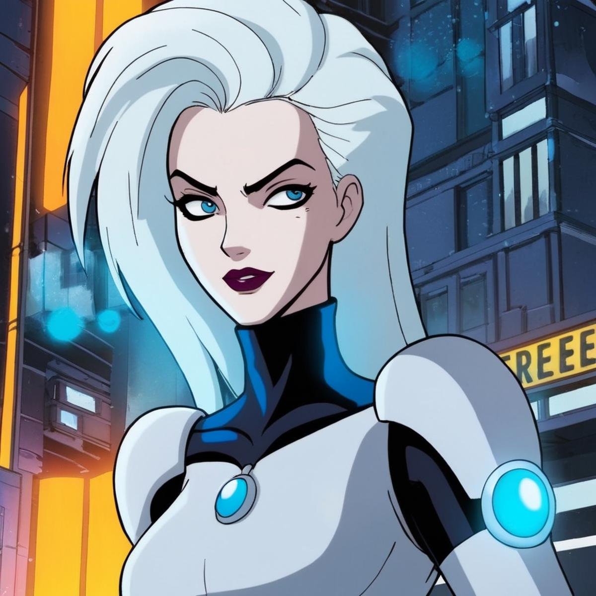 anime artwork of Mr. Freeze a frozen ice cold woman with a messy hair and a white shirt In Gotham City,  anime style,  key...