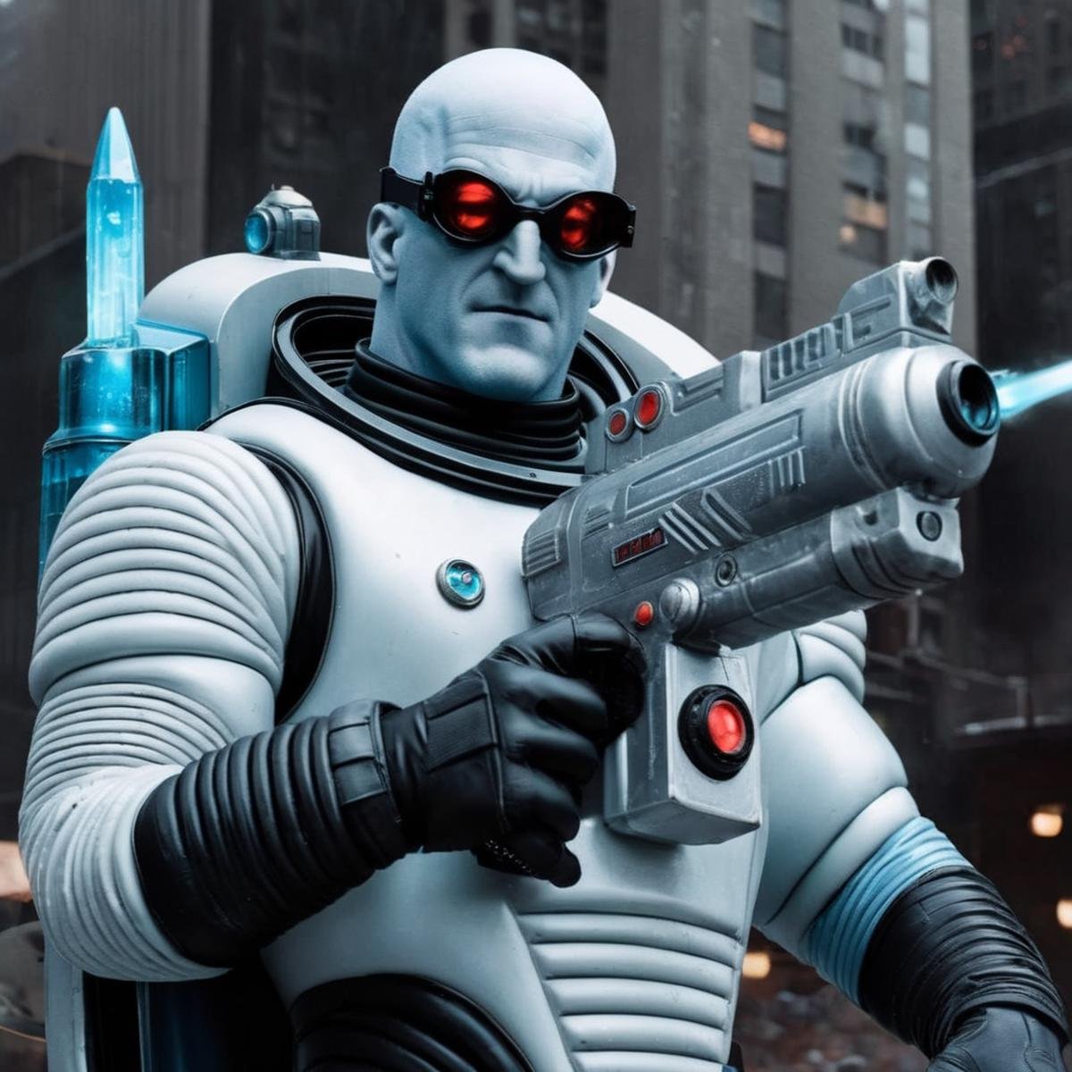 Hyperrealistic art of Mr. Freeze a man in a space suit holding an ice gun In Gotham City,  Extremely high-resolution detai...
