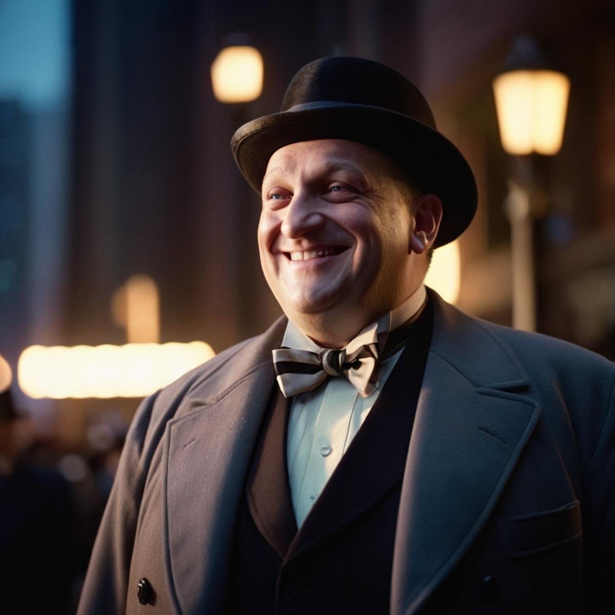 cinematic film still of Oswald Cobblepot a man with a big smile on his face in Gotham city universe,  shallow depth of fie...