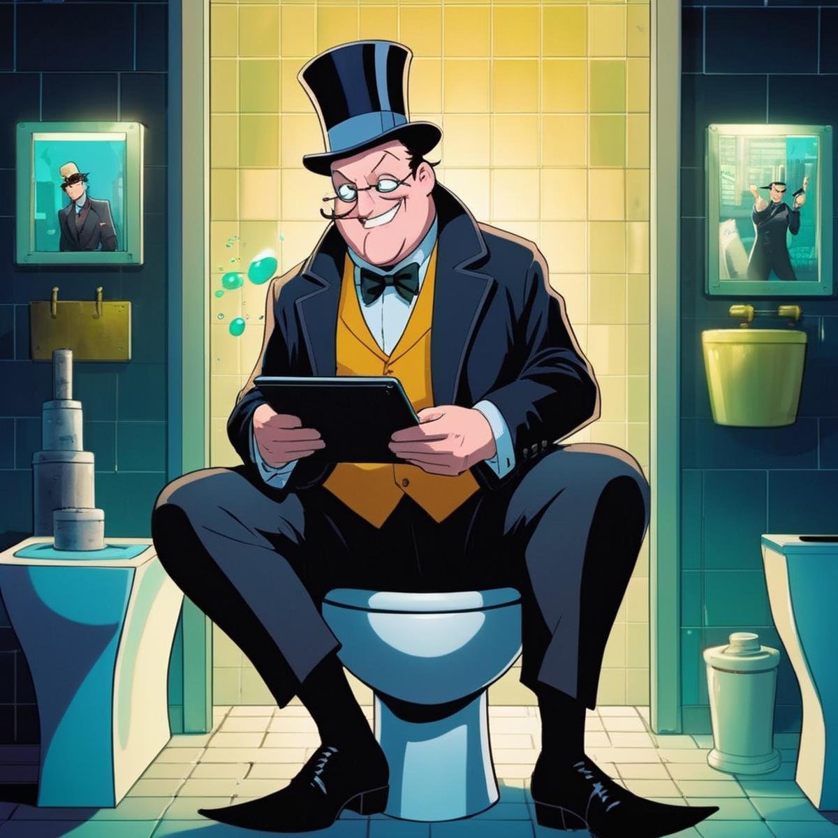 anime artwork of Oswald Cobblepot a cartoon character sitting on a toilet holding a tablet in Gotham city universe,  anime...