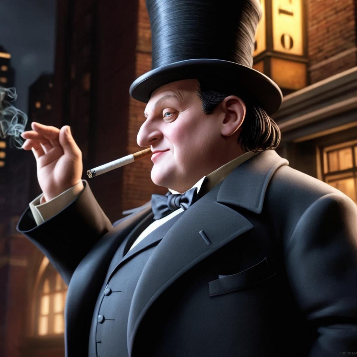 Hyperrealistic art of Oswald Cobblepot a cartoon character with a top hat and a cigarette in Gotham city universe,  Extrem...