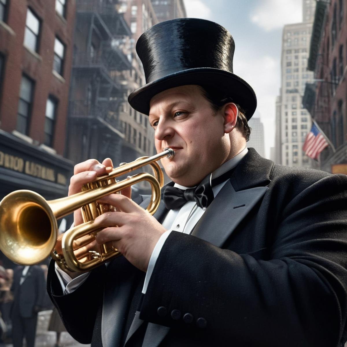 Hyperrealistic art of Oswald Cobblepot a man in a tuxedo and top hat holding a trumpet in Gotham city universe,  Extremely...