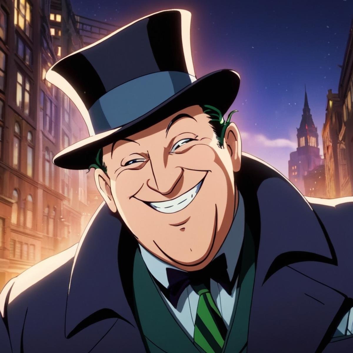 anime artwork of Oswald Cobblepot a man with a big smile on his face in Gotham city universe,  anime style,  key visual by...