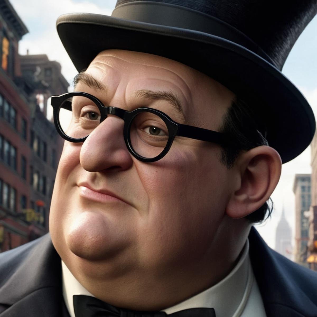 Hyperrealistic art of Oswald Cobblepot a cartoon of a man with a top hat and glasses in Gotham city universe,  Extremely h...