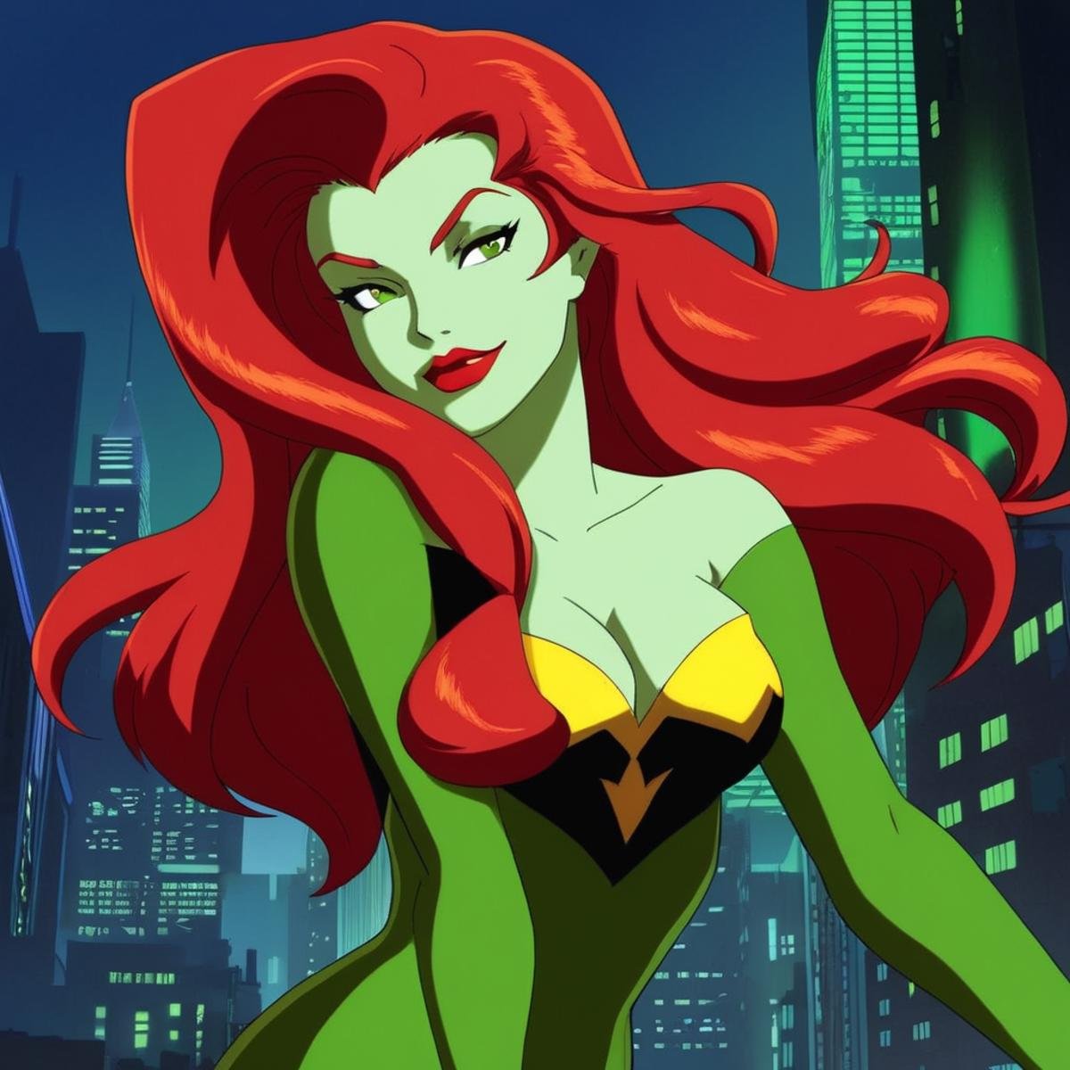 anime artwork of Poison Ivy a woman with red hair and green gloves in Gotham city universe,  anime style,  key visual by E...