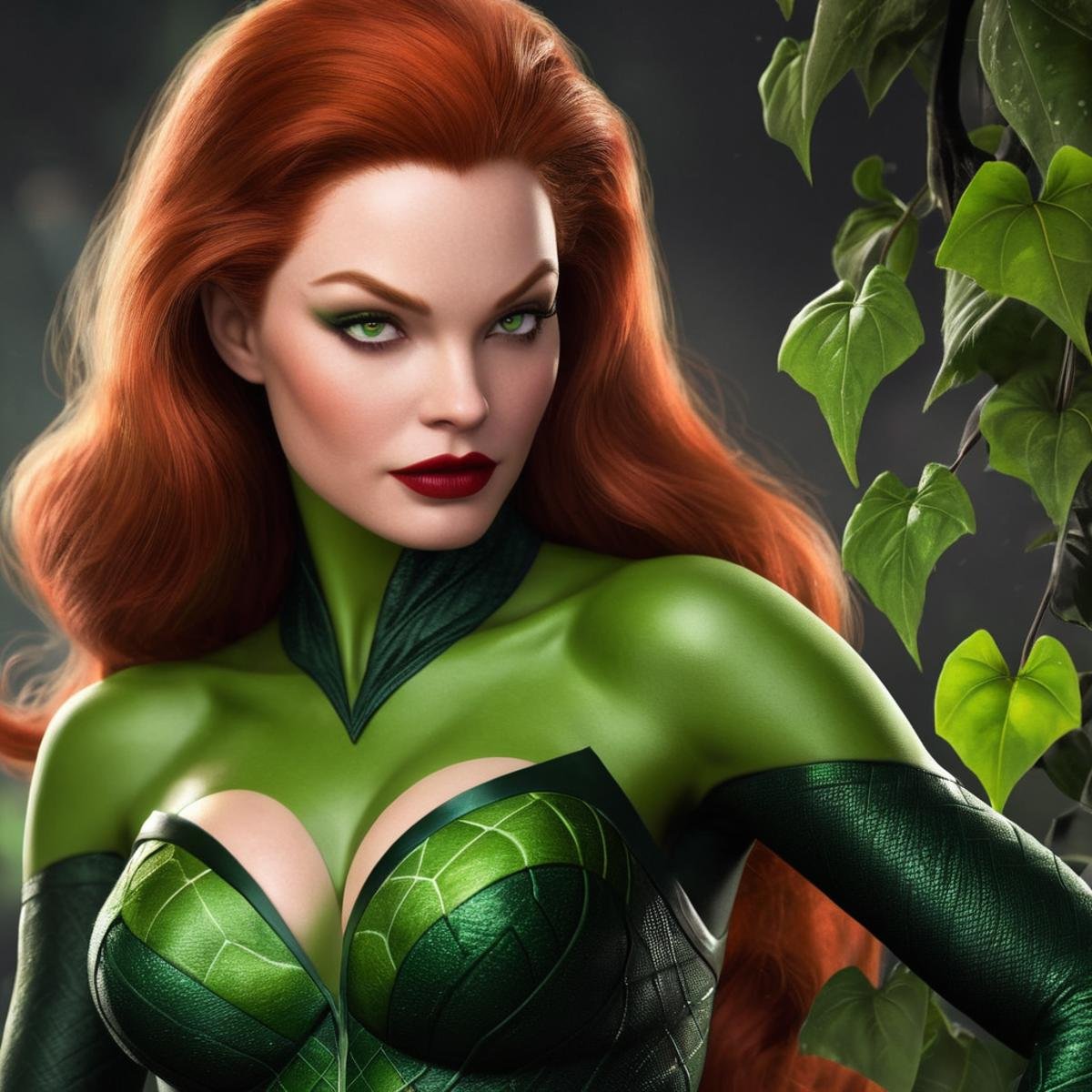 Hyperrealistic art of Poison Ivy a woman in a green and black costume in Gotham city universe,  Extremely high-resolution...