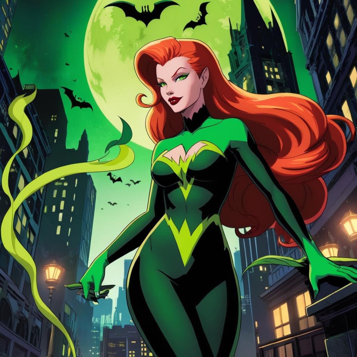 anime artwork of Poison Ivy a woman in a green and black costume in Gotham city universe,  anime style,  key visual by Eau...