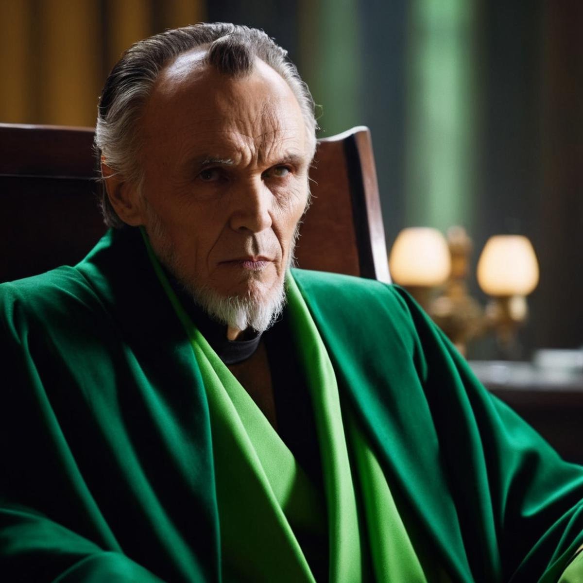 cinematic film still of Ra's al Ghul a very old man in a green robe sitting in a chair In Gotham City,  shallow depth of f...