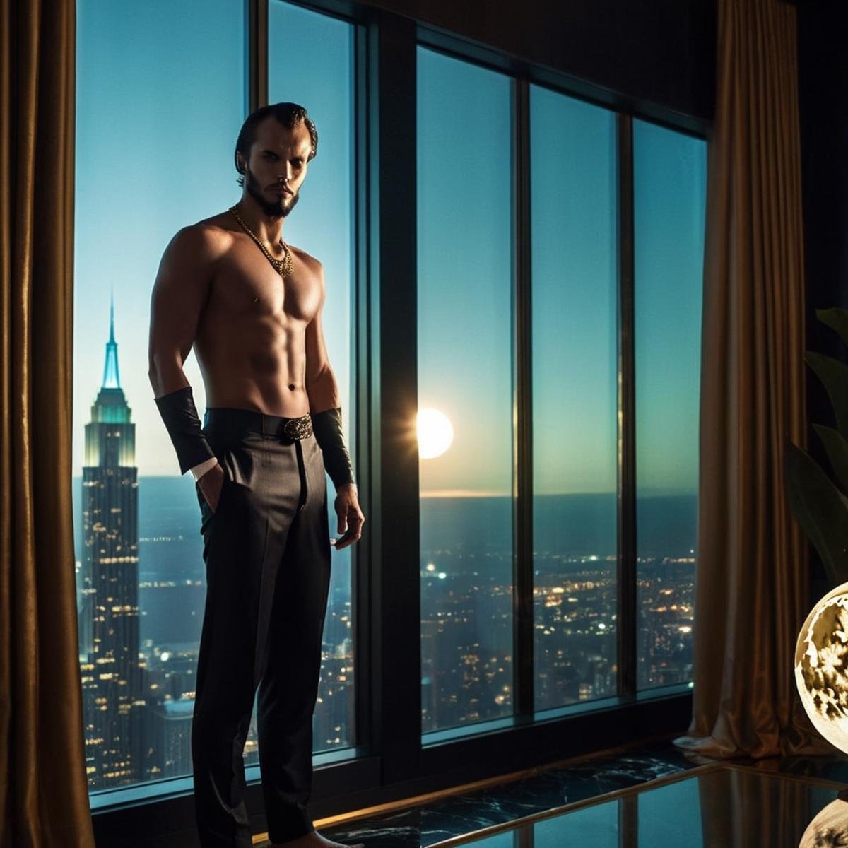 glamorous photo of Ra's al Ghul a young naked man with a perfect shaped body standing in front of a window with a moon beh...