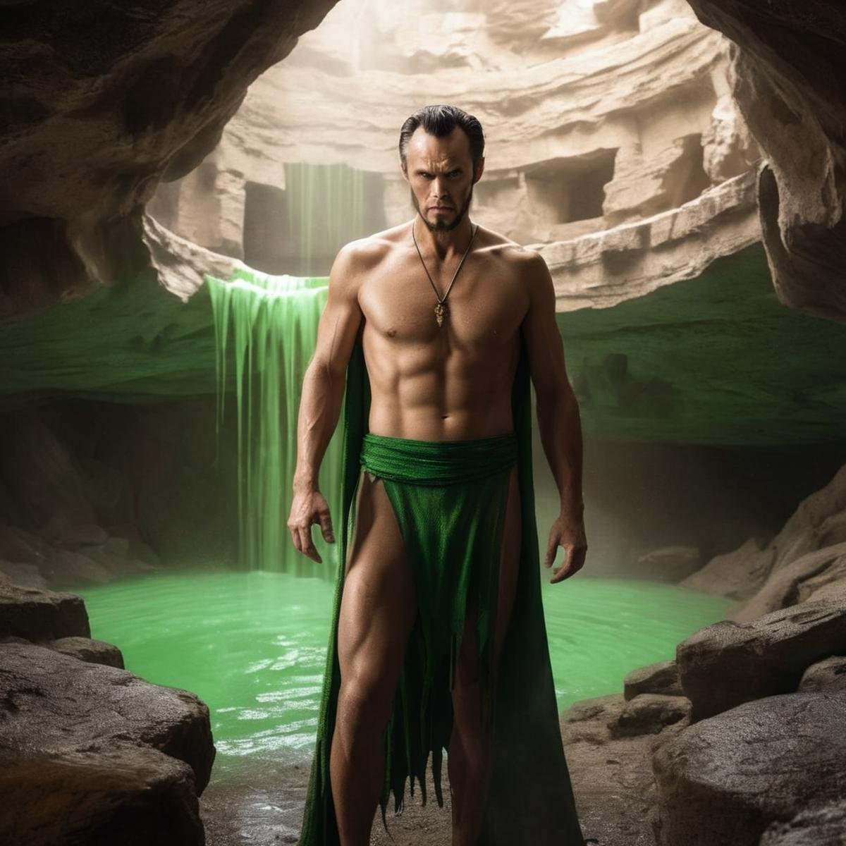 Hyperrealistic art of Ra's al Ghul a naked shredded shirtless man standing in a dark lazarus pit inside a cave In Gotham C...