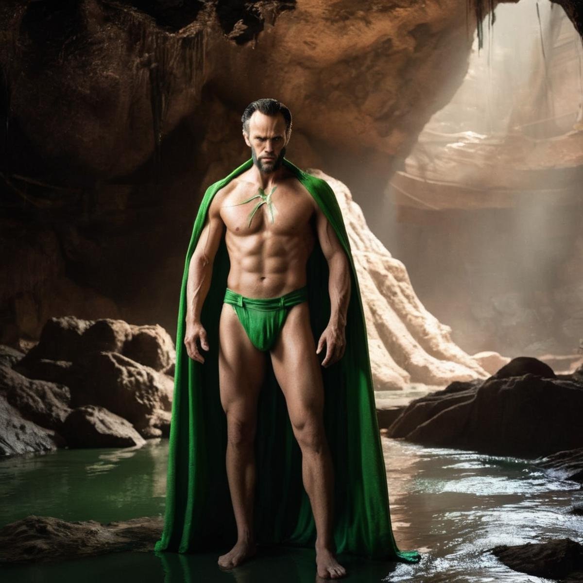 Hyperrealistic art of Ra's al Ghul a naked shredded shirtless man standing in a dark lazarus pit inside a cave In Gotham C...