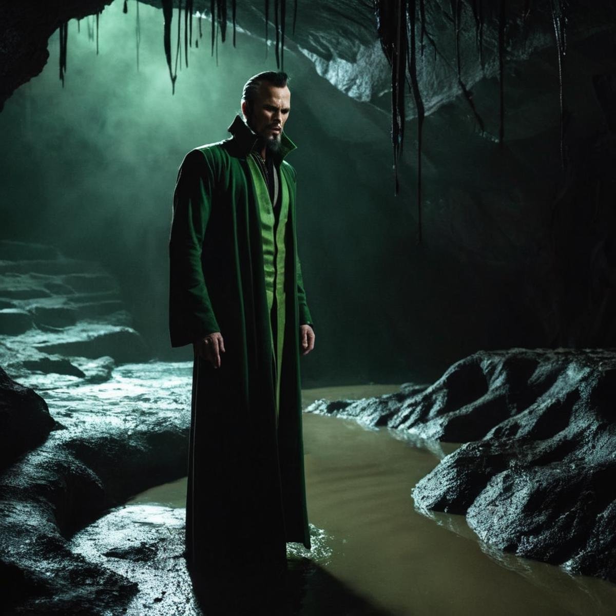 Horror-themed,  Ra's al Ghul a naked shredded body man standing in a dark lazarus pit inside a cave In Gotham City,  Eerie...