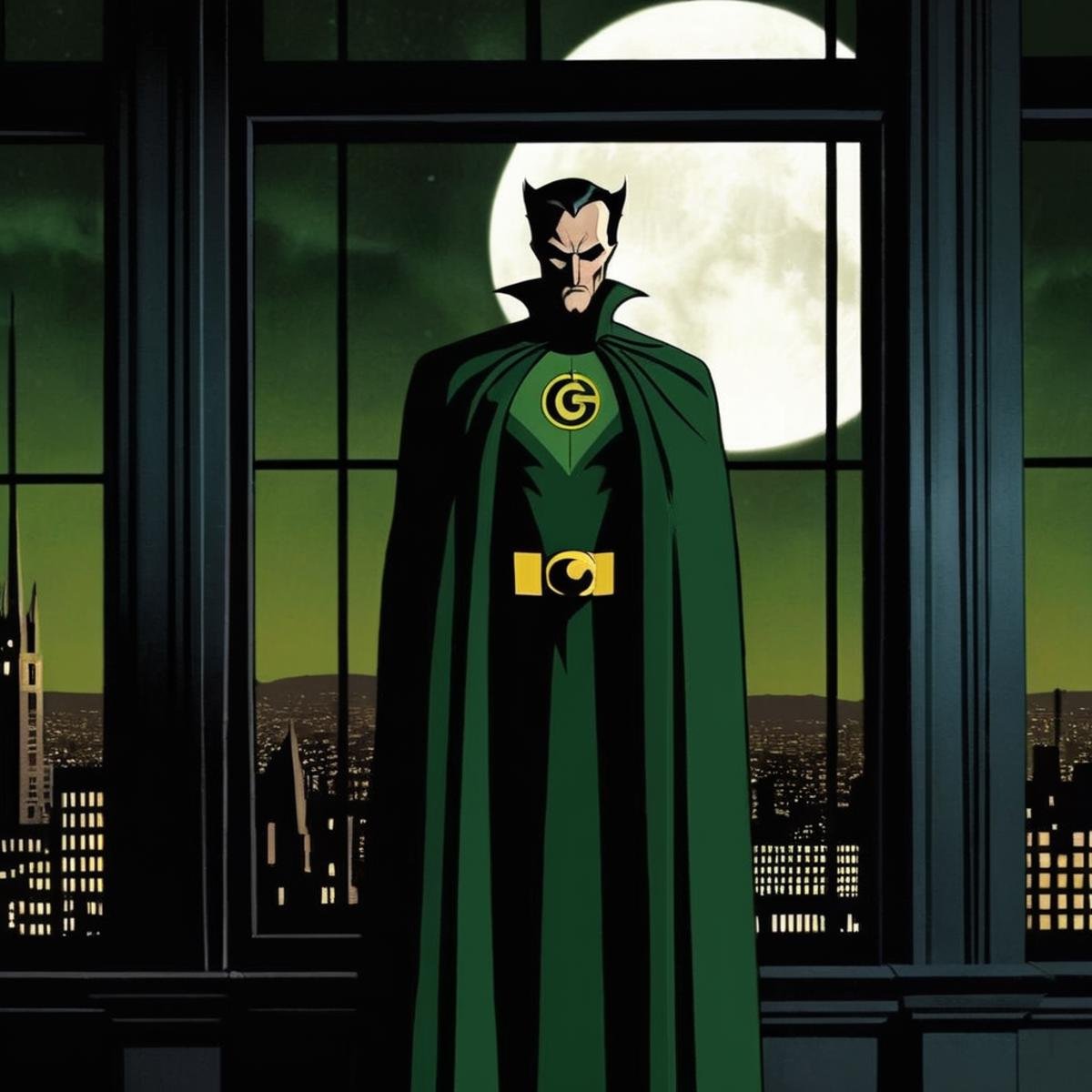 Horror-themed,  Ra's al Ghul a man with a perfect shaped body standing in front of a window with a moon behind him In Goth...