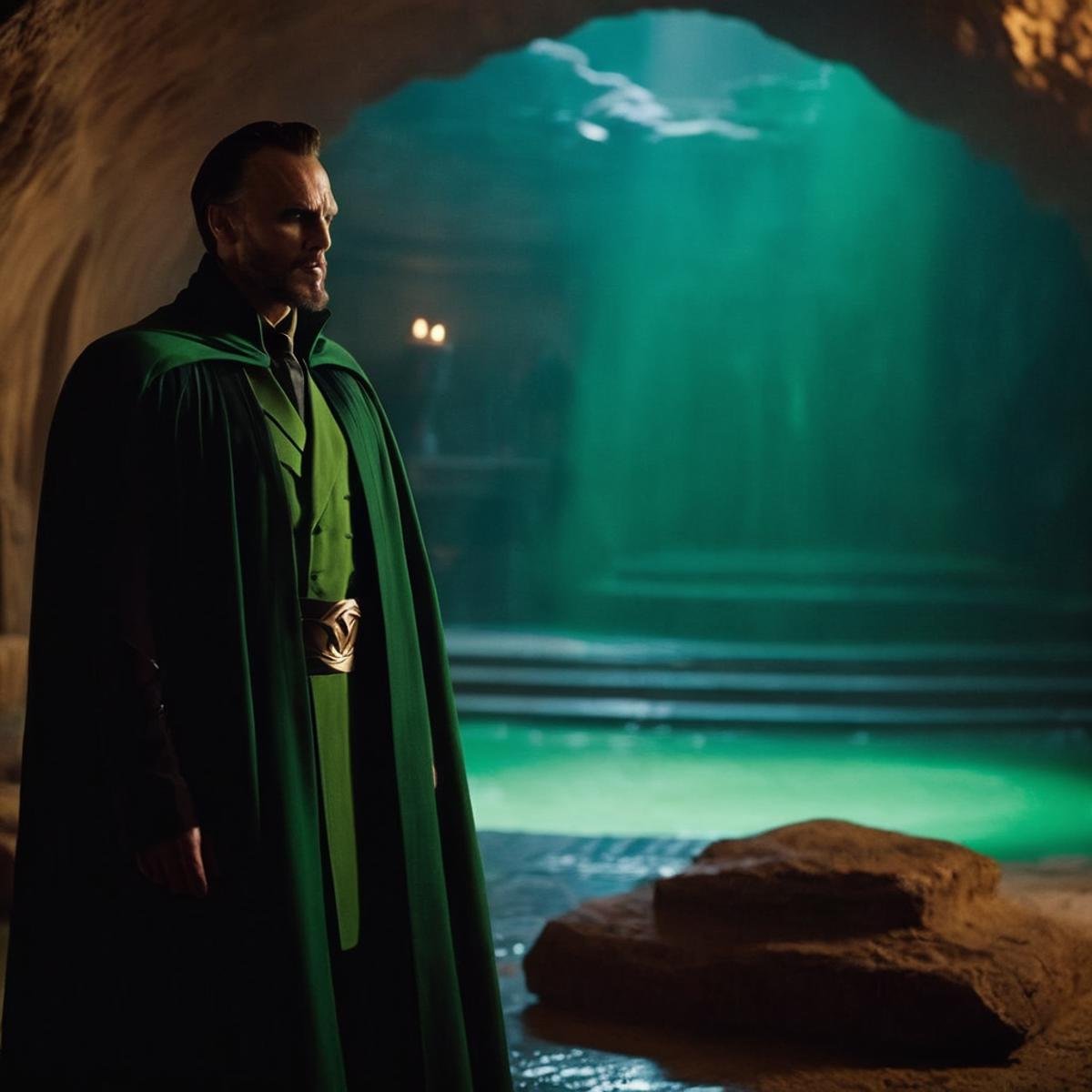 cinematic film still of Ra's al Ghul a man standing in a dark lazarus pit inside a cave room In Gotham City,  shallow dept...