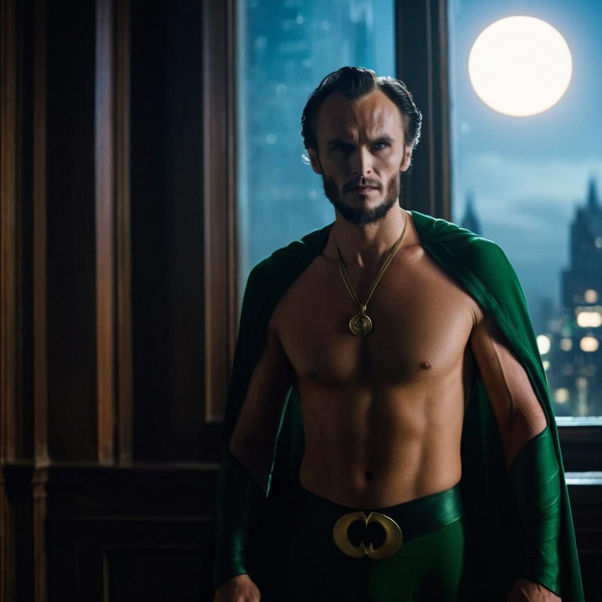 cinematic film still of Ra's al Ghul a young naked man with a perfect shaped body standing in front of a window with a moo...