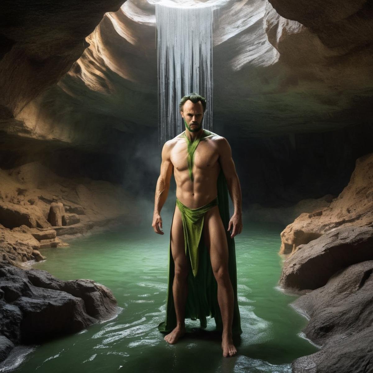 Hyperrealistic art of Ra's al Ghul a naked shredded body man standing in a dark lazarus pit inside a cave In Gotham City,...