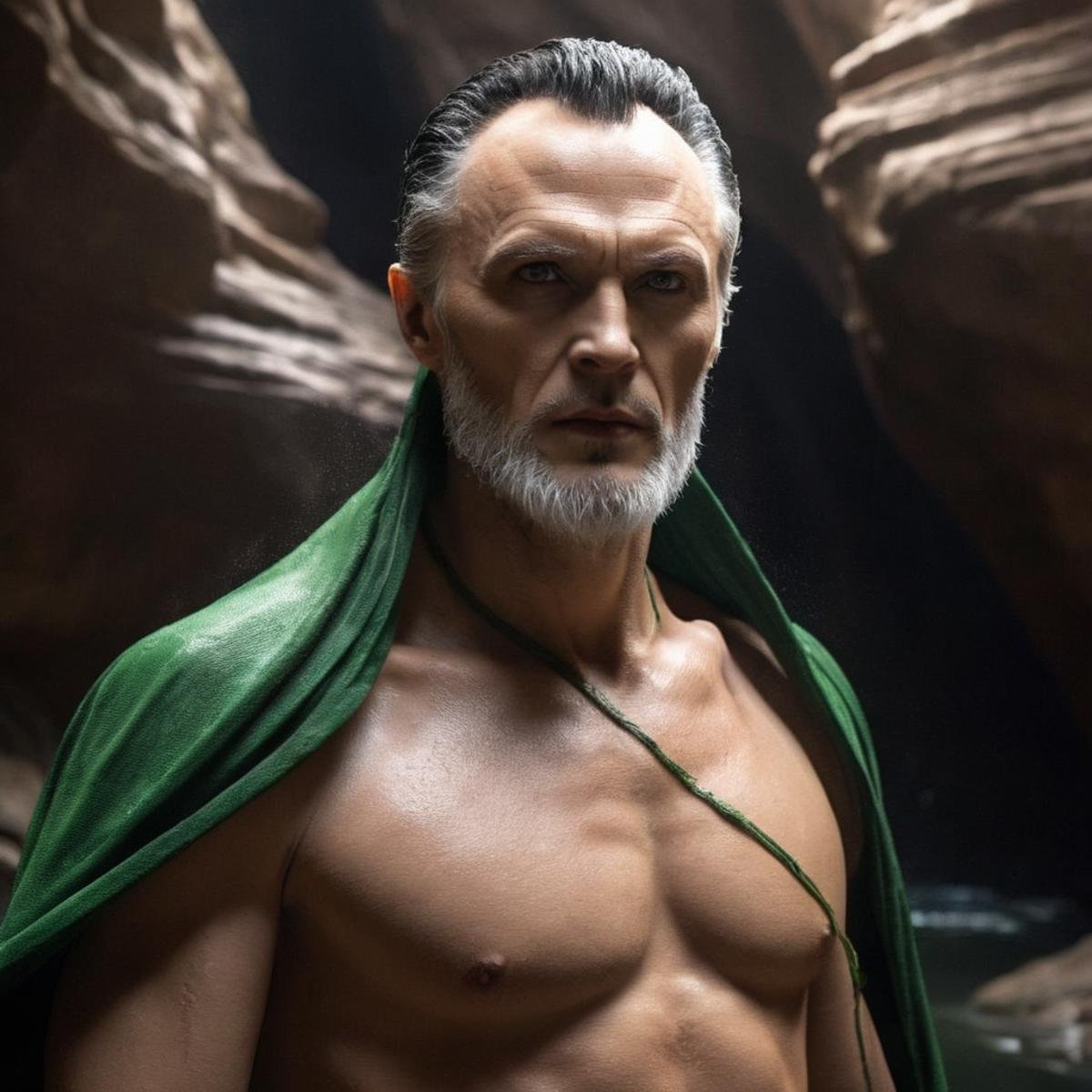 Hyperrealistic art of Ra's al Ghul a close of a naked shredded shirtless man standing in a dark lazarus pit inside a cave...