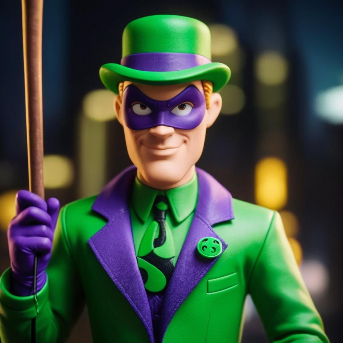 cinematic film still of Riddler a cartoon character dressed in a green suit and holding a stick in Gotham city universe,...