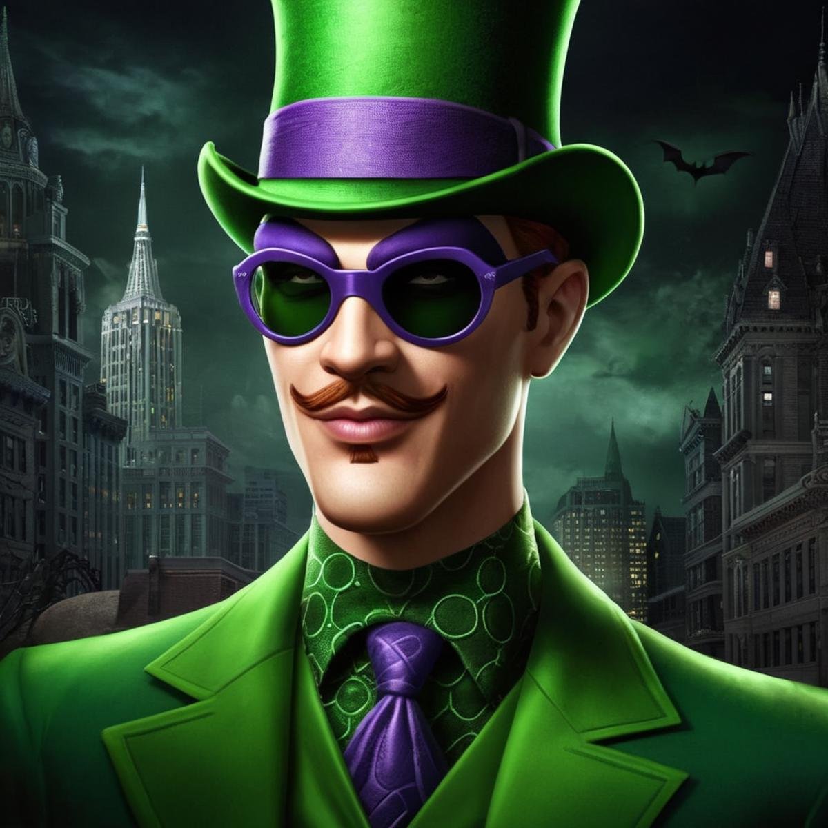 Gothic style,  Riddler a man in a green hat and sunglasses in Gotham city universe,  Dark by EauDeNoire on Tensor.Art
